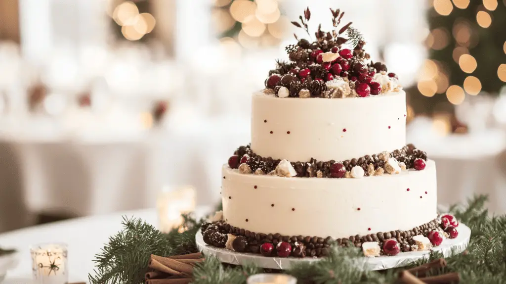 A festive and elegant three-tier Christmas wedding cake showcasing a variety of traditional holiday flavors through visual elements