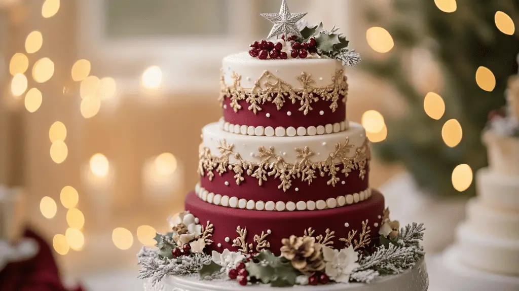A full-frame, three-tier Christmas wedding cake styled in a festive yet refined design.