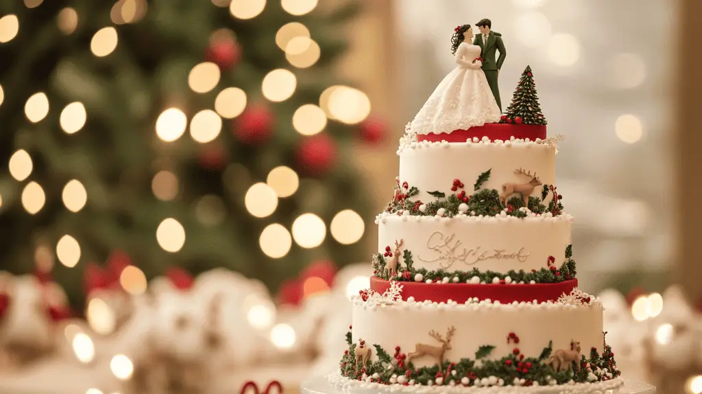 A full-frame view of a three-tier Christmas wedding cake, styled as a festive and romantic centerpiece. 