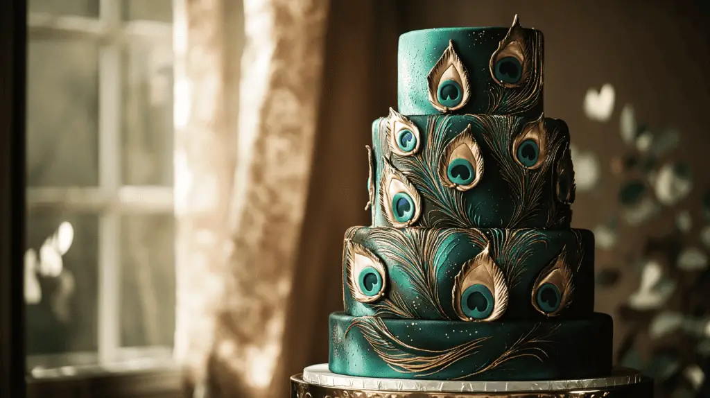 A full-view three-tier wedding cake centered in the frame, adorned with cascading peacock feather designs in emerald green, deep blue, and metallic gold.