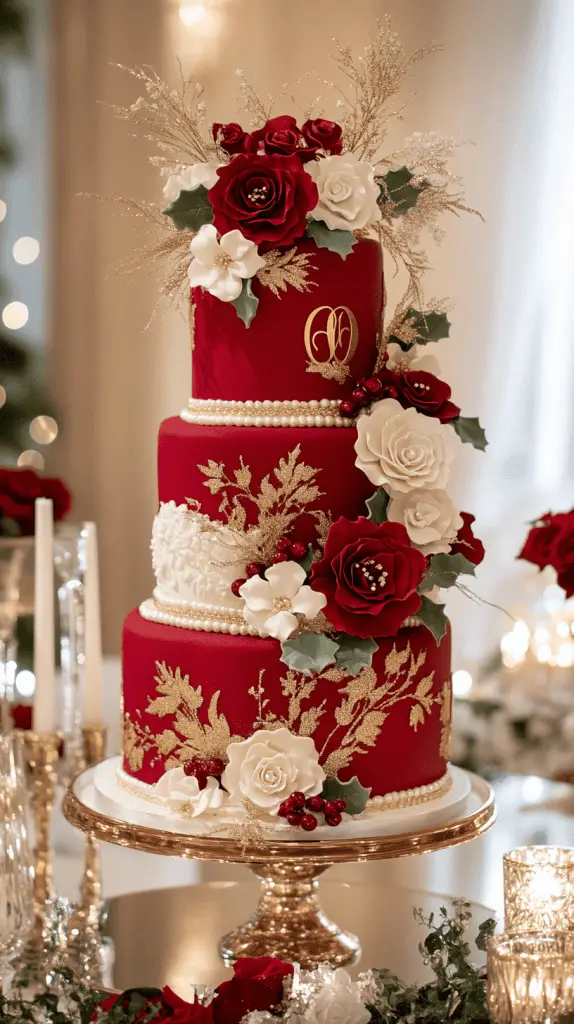 A vibrant three-tier wedding cake styled like a decorated Christmas tree.