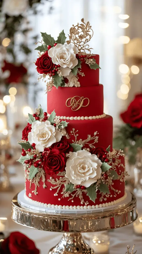 A vibrant three-tier wedding cake styled like a decorated Christmas tree.