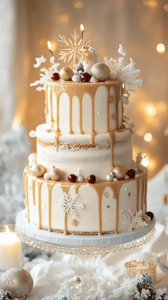 A sophisticated three-tier holiday drip cake in soft ivory and gold tones