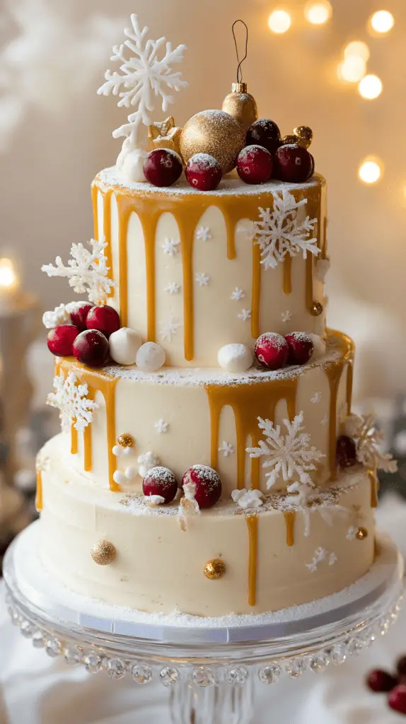 A sophisticated three-tier holiday drip cake in soft ivory and gold tones