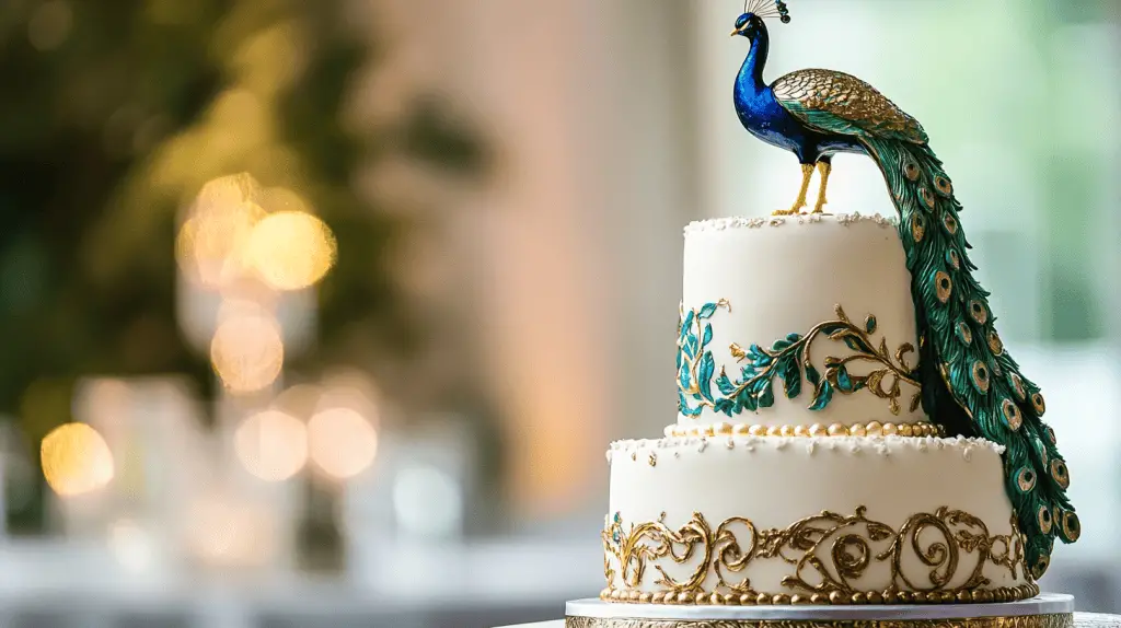 A luxurious three-tier peacock-inspired wedding cake with a porcelain peacock figurine topper, perched elegantly atop the cake.