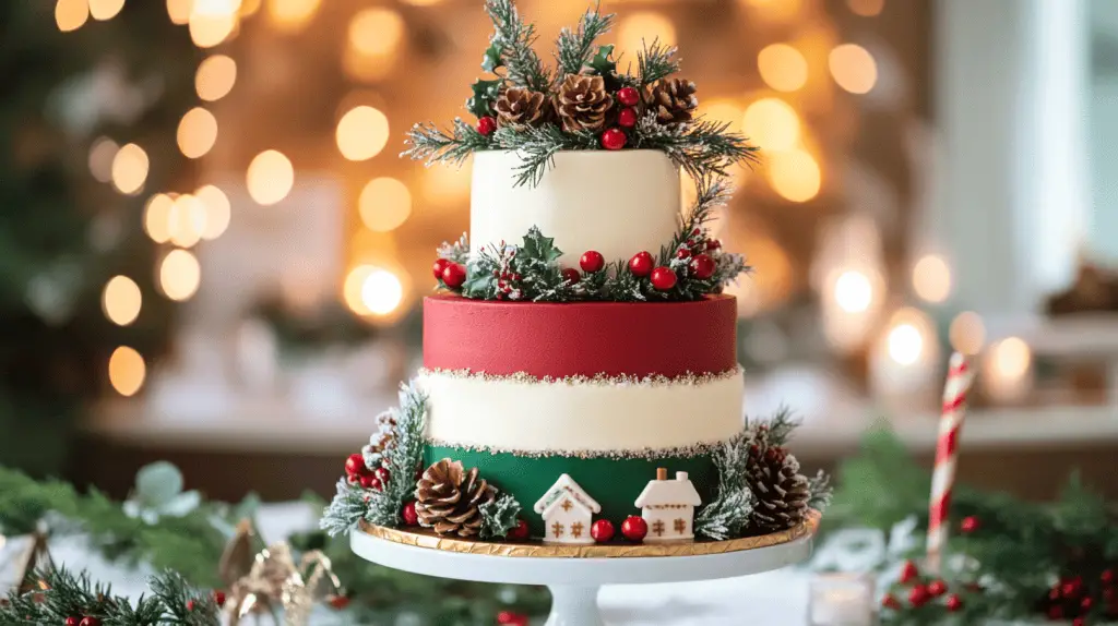 A luxurious three-tier round Christmas-themed wedding cake, perfect for a winter celebration.