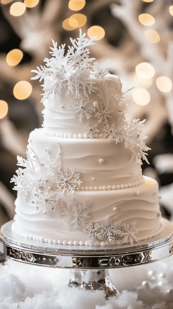 A three-tier wedding cake in an icy blue and white color palette, with a marbled fondant finish.v