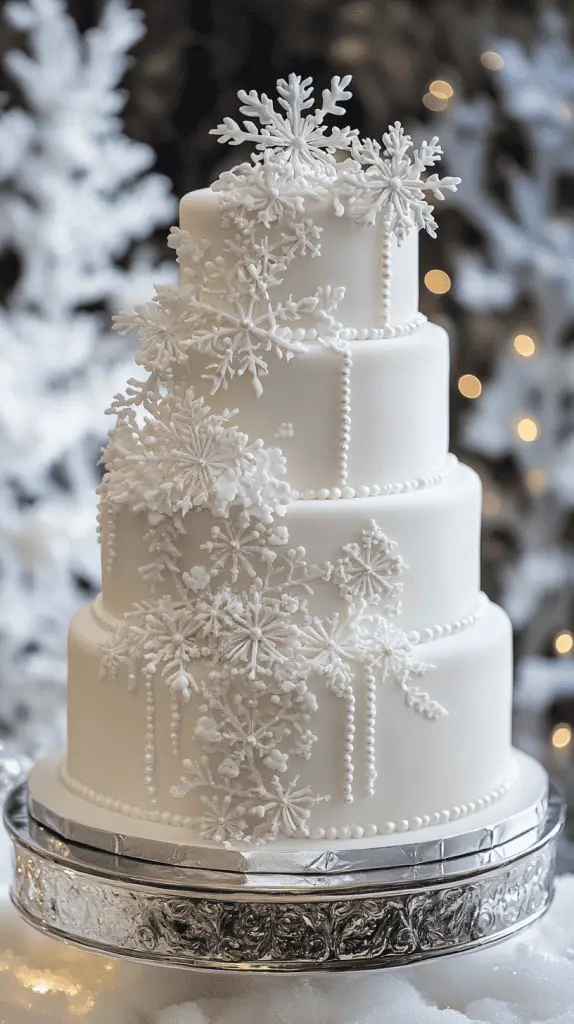 A three-tier wedding cake in an icy blue and white color palette, with a marbled fondant finish.