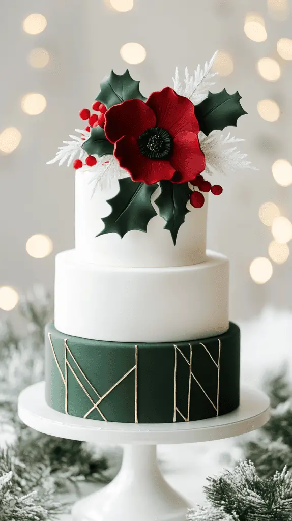 A three-tier Christmas wedding cake featuring smooth white fondant and classic red and green accents. 
