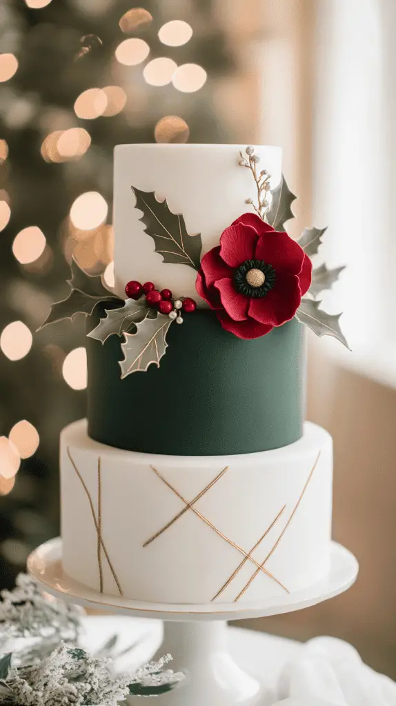 A three-tier Christmas wedding cake featuring smooth white fondant and classic red and green accents. 