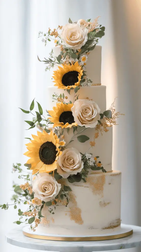 A three-tier wedding cake covered in smooth white buttercream with hand-piped sunflower details on each tier.