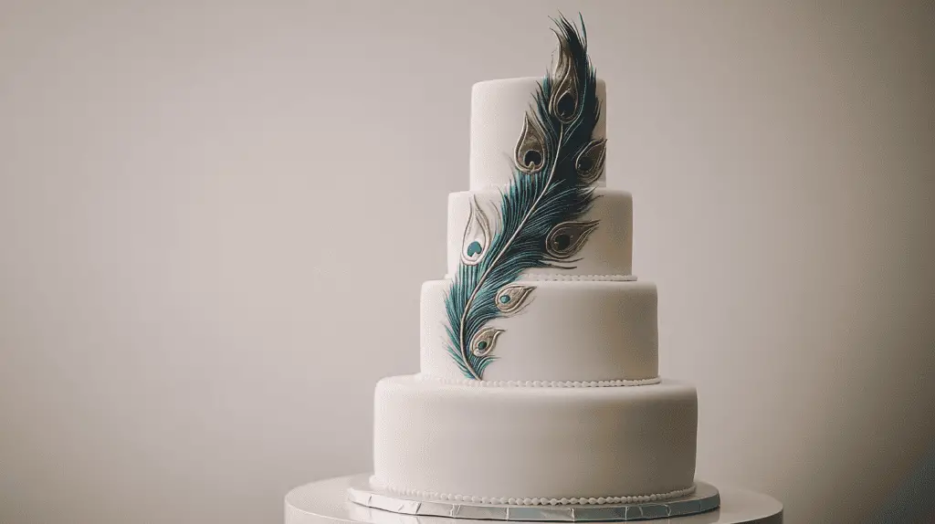 A minimalist three-tier wedding cake with smooth white fondant and a single elegant hand-painted peacock feather.