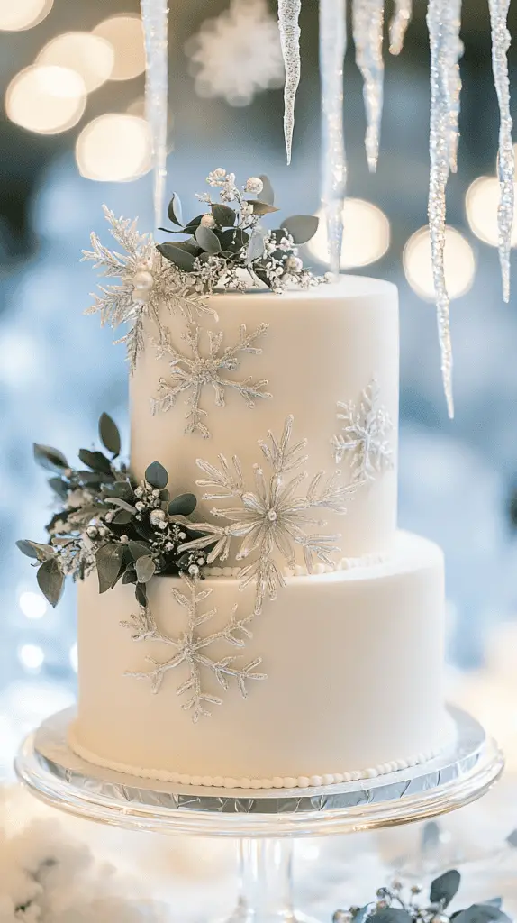 A three-tier wedding cake in an icy blue and white color palette, with a marbled fondant finish.