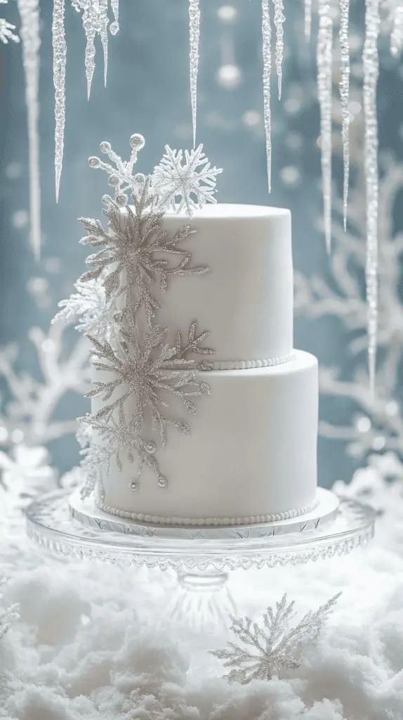 A three-tier wedding cake in an icy blue and white color palette, with a marbled fondant finish.