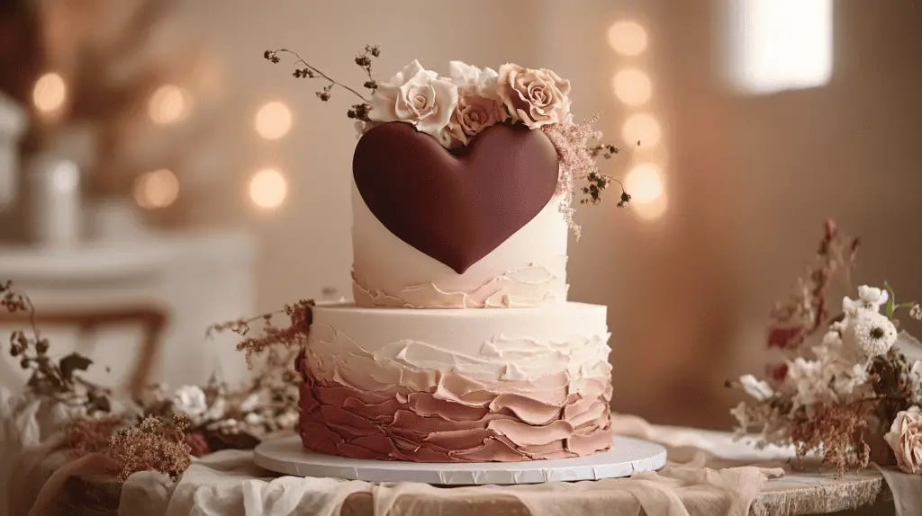 A modern three-tier heart-shaped wedding cake that blends classic romance with contemporary design.