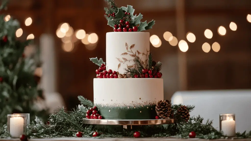 A modern yet festive three-tier Christmas wedding cake that blends timeless holiday charm with contemporary design. 