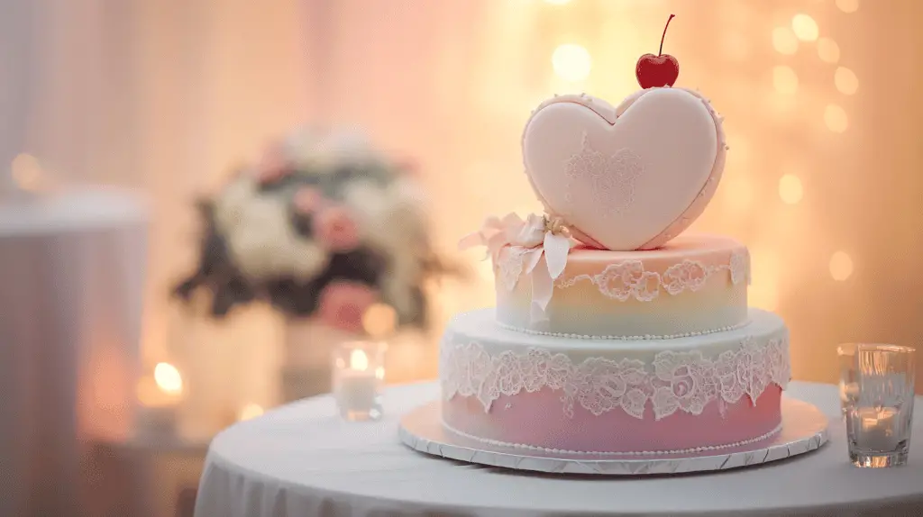 A refined, heart-shaped wedding cake styled for a modern romantic celebration.