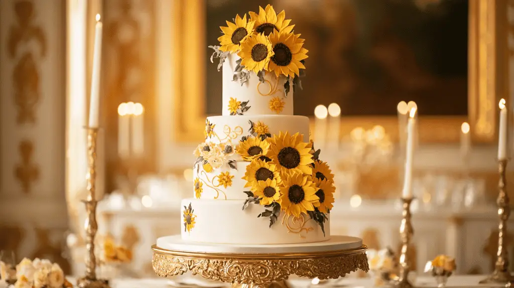 A refined three-tier wedding cake inspired by the history and symbolism of sunflowers.