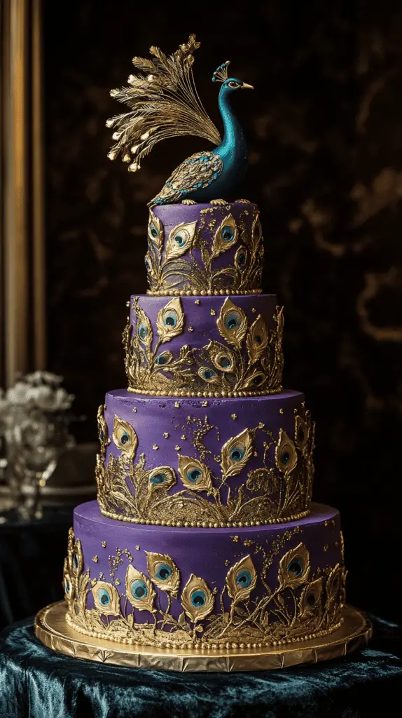 A regal peacock-themed wedding cake with ombre layers and metallic gold painted details along peacock feather motifs. 