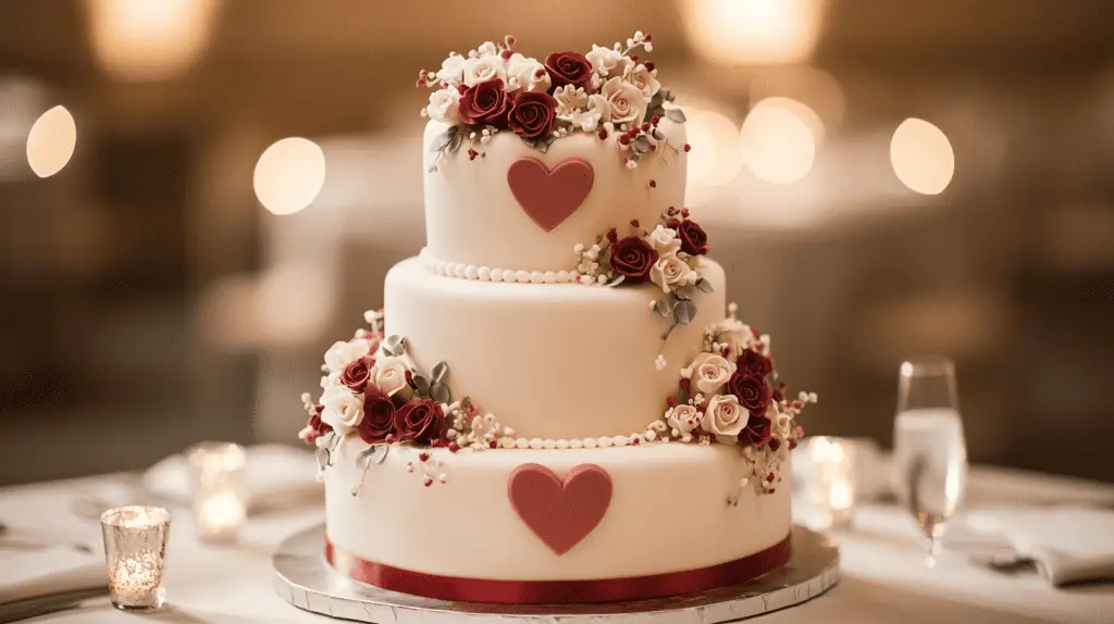 A romantic three-tier heart-shaped wedding cake, symbolizing love and unity, designed as an elegant centerpiece.