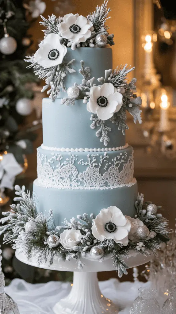 A vibrant three-tier wedding cake styled like a decorated Christmas tree.