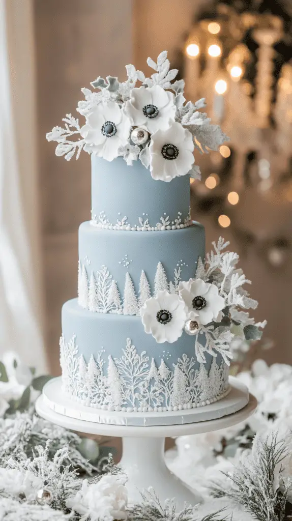 A vibrant three-tier wedding cake styled like a decorated Christmas tree.