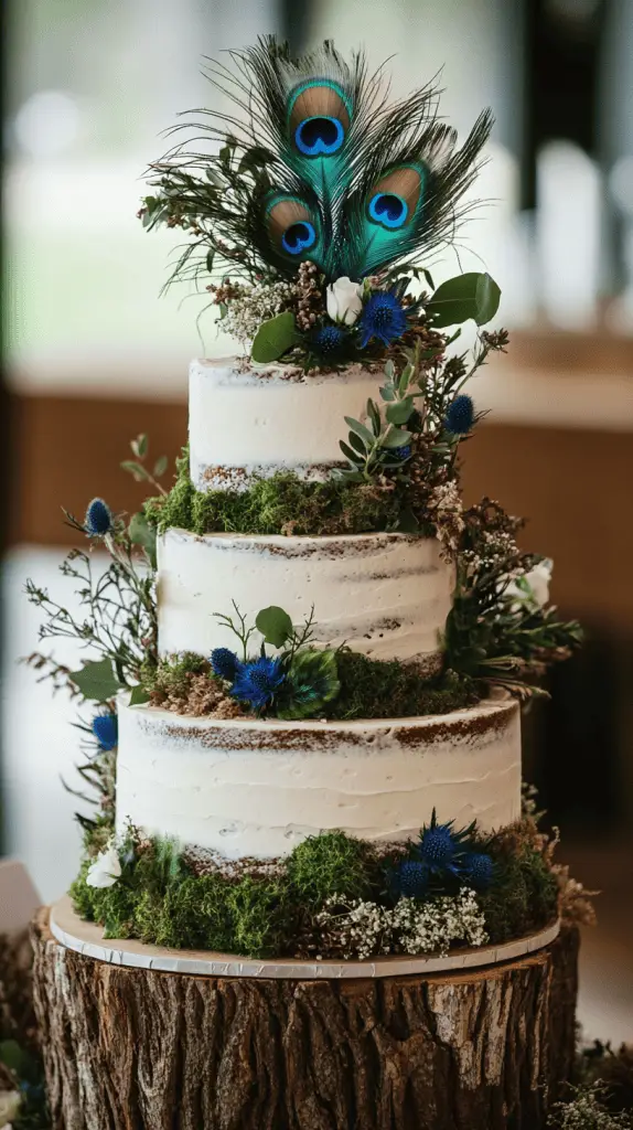 A rustic three-tier naked wedding cake with rough buttercream edges, adorned with dried foliage and vivid peacock feathers. 