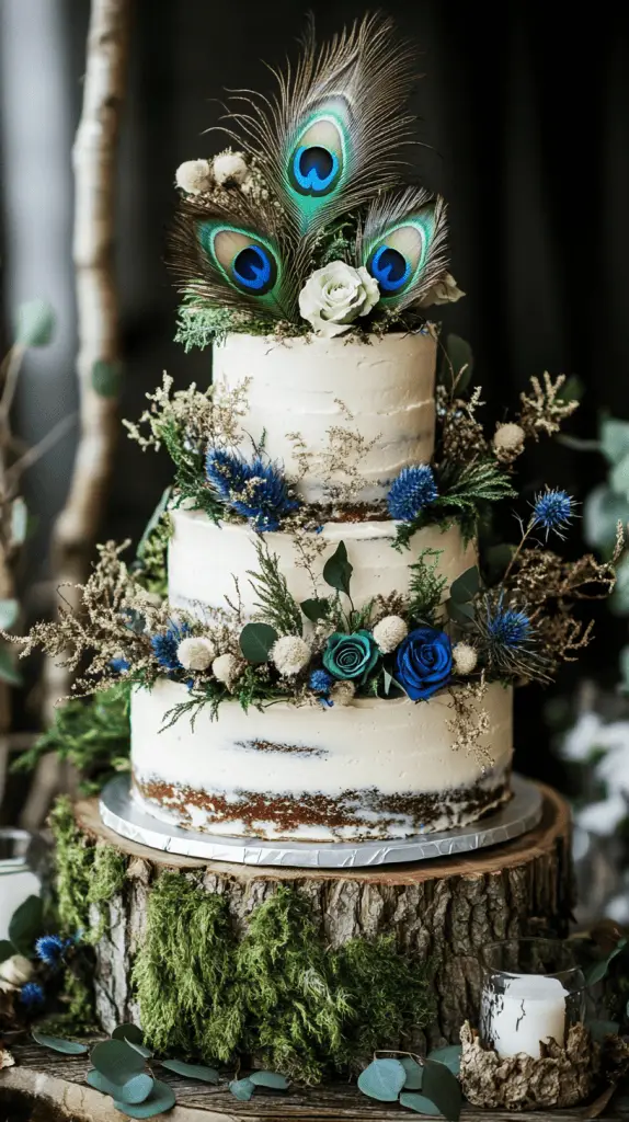 A rustic three-tier naked wedding cake with rough buttercream edges, adorned with dried foliage and vivid peacock feathers. 