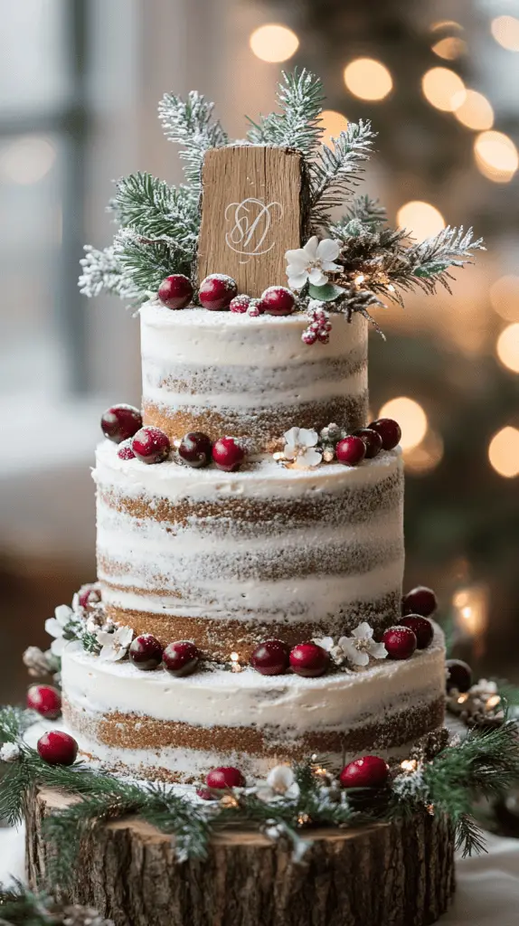 A three-tier rustic naked wedding cake with exposed golden-brown sponge layers and minimal white frosting, gently smoothed across each tier. 