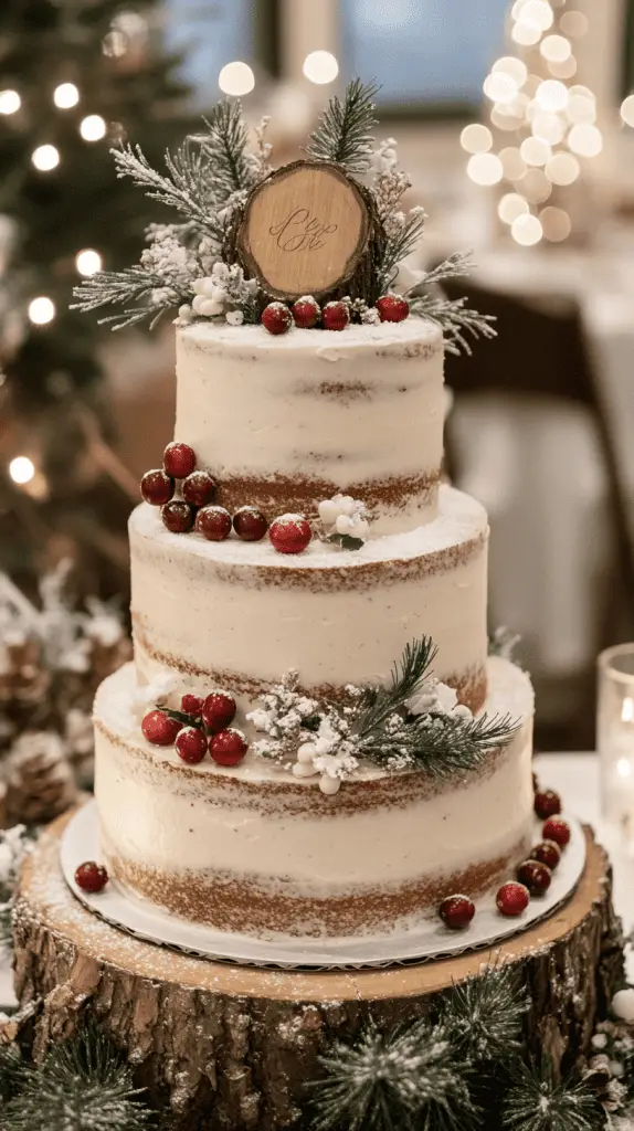 A three-tier rustic naked wedding cake with exposed golden-brown sponge layers and minimal white frosting, gently smoothed across each tier. 