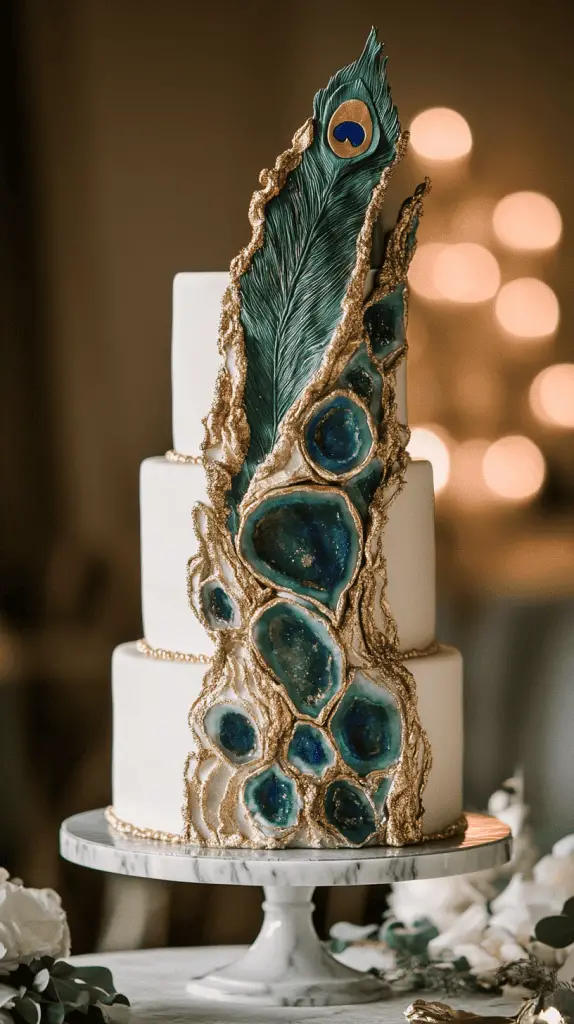 A show-stopping three-tier peacock geode wedding cake with realistic sugar crystal formations carved into the front of each tier.