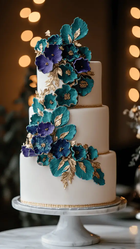 A show-stopping three-tier peacock geode wedding cake with realistic sugar crystal formations carved into the front of each tier.