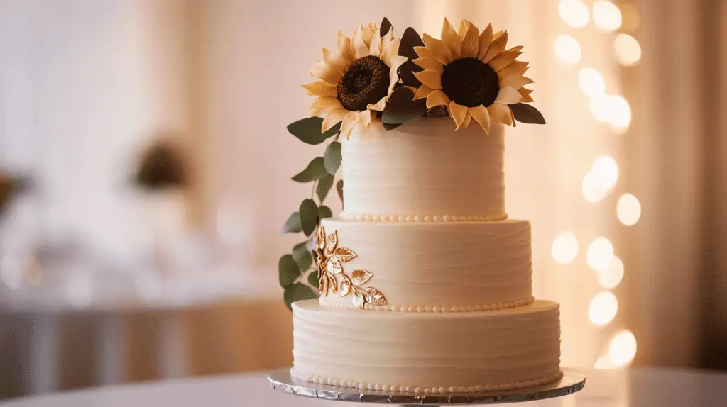 A sleek, three-tier wedding cake covered in smooth ivory buttercream.