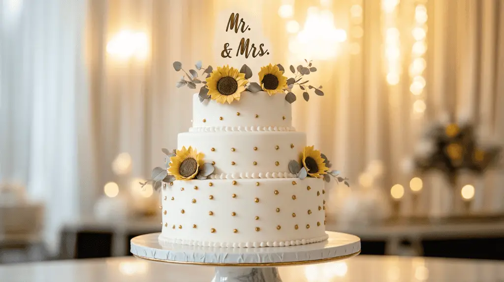 A sleek, three-tier wedding cake with smooth white fondant and delicate gold trim.