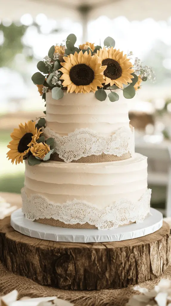 A three-tier buttercream cake with soft swirled texture and warm ivory tones.