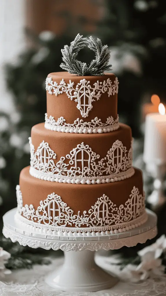 A warm-toned three-tier wedding cake with gingerbread-colored sponge wrapped in a smooth layer of ivory fondant. 