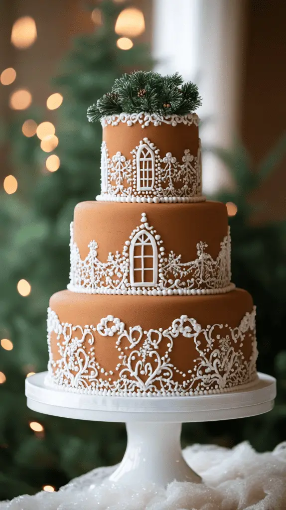 A warm-toned three-tier wedding cake with gingerbread-colored sponge wrapped in a smooth layer of ivory fondant. 