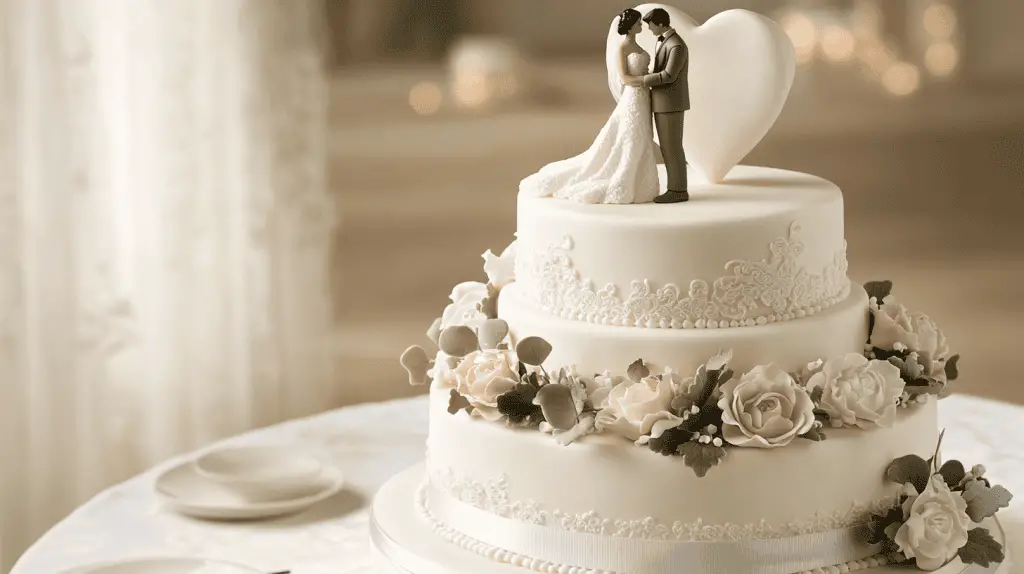 A sophisticated three-tier heart-shaped wedding cake styled with luxurious accessories.