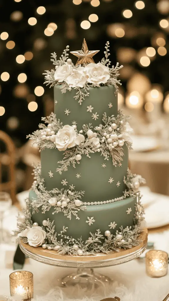 A vibrant three-tier wedding cake styled like a decorated Christmas tree.