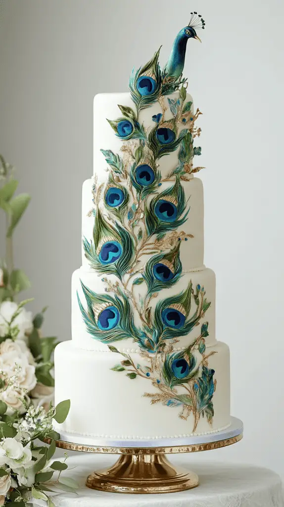 A sophisticated three-tier wedding cake with a smooth ivory fondant base, adorned with hand-painted peacock feather designs in vibrant blues, greens, and teals