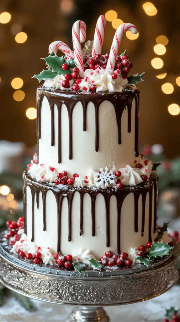 A sophisticated three-tier holiday drip cake in soft ivory and gold tones