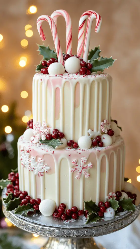 A sophisticated three-tier holiday drip cake in soft ivory and gold tones