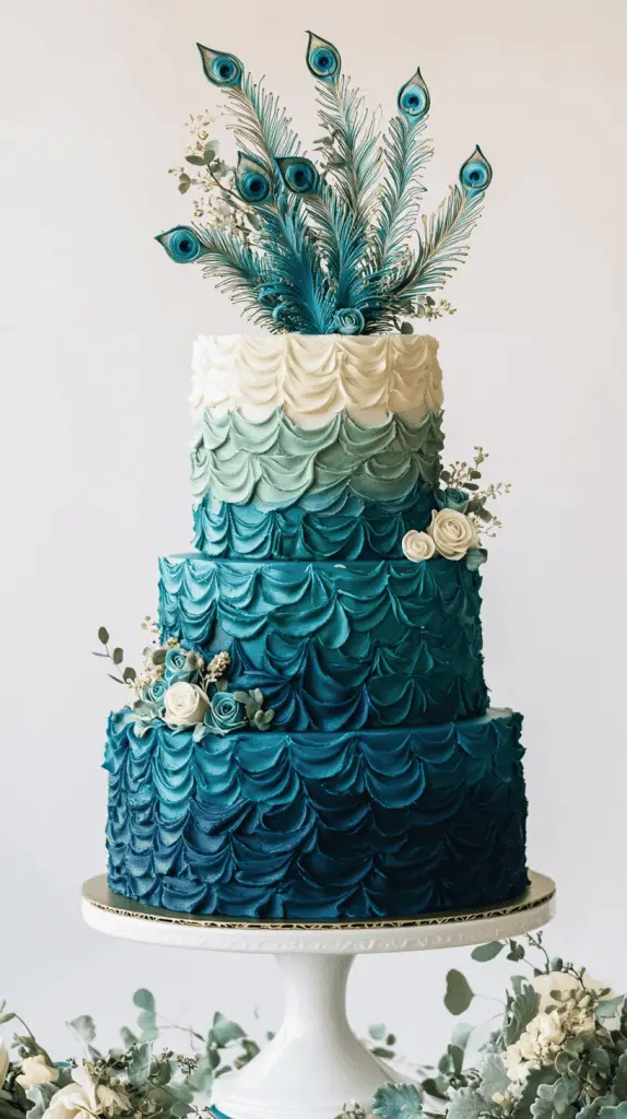 Modern three-tier wedding cake featuring an ombre color transition