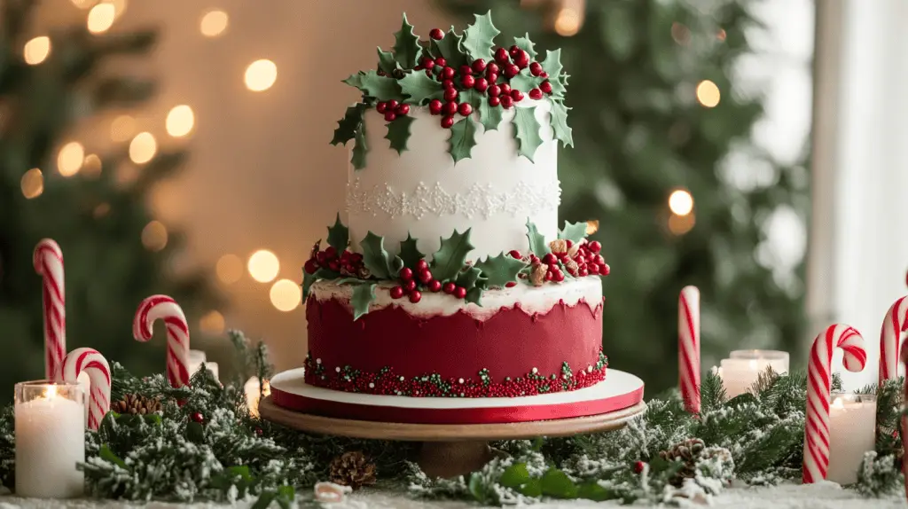 A symbolic and festive three-tier Christmas wedding cake, elegantly styled for a holiday-themed celebration. 
