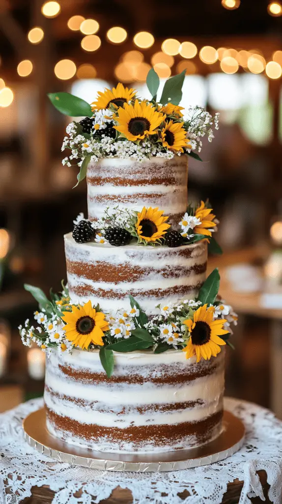 A three-tier rustic naked wedding cake with lightly frosted edges and exposed sponge layers.