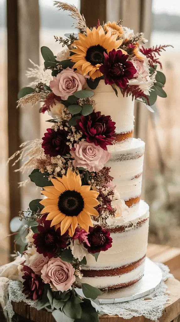 A three-tier white buttercream wedding cake with a vibrant floral cascade flowing from the top to the bottom tier.
