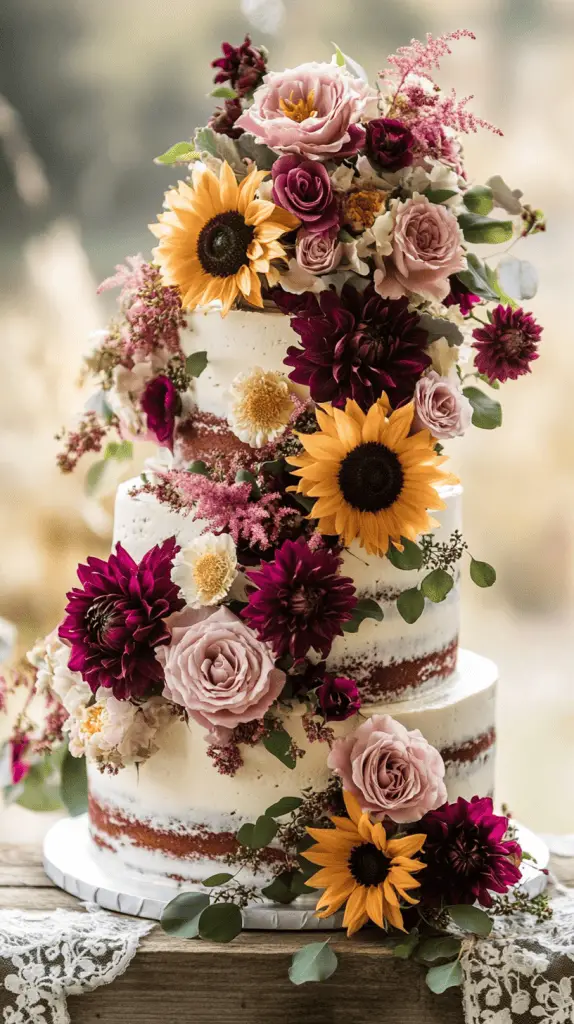 A three-tier white buttercream wedding cake with a vibrant floral cascade flowing from the top to the bottom tier.