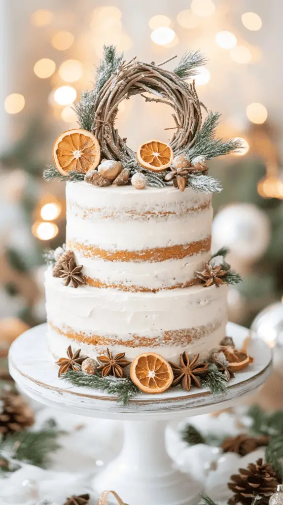 A three-tier rustic naked wedding cake with exposed golden-brown sponge layers and minimal white frosting, gently smoothed across each tier. 