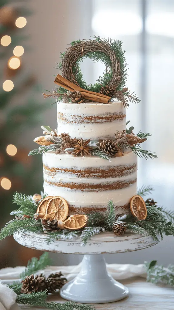 A three-tier rustic naked wedding cake with exposed golden-brown sponge layers and minimal white frosting, gently smoothed across each tier. 