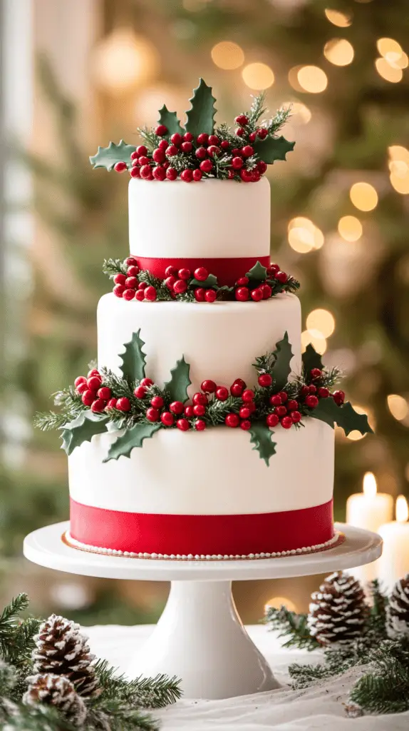 A three-tier Christmas wedding cake featuring smooth white fondant and classic red and green accents. 